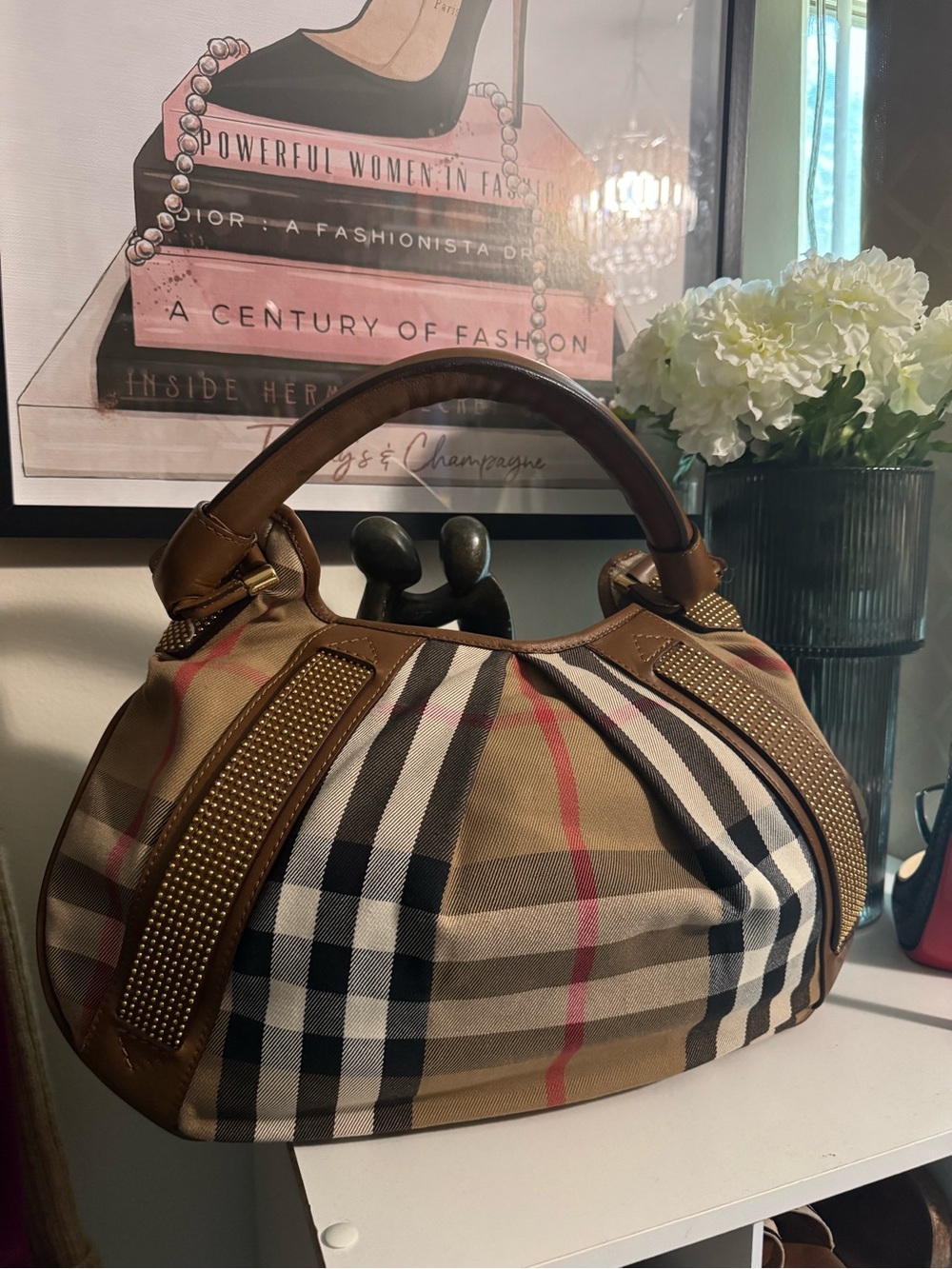 Burberry Tan Plaid Hobo with Brown Leather Trim